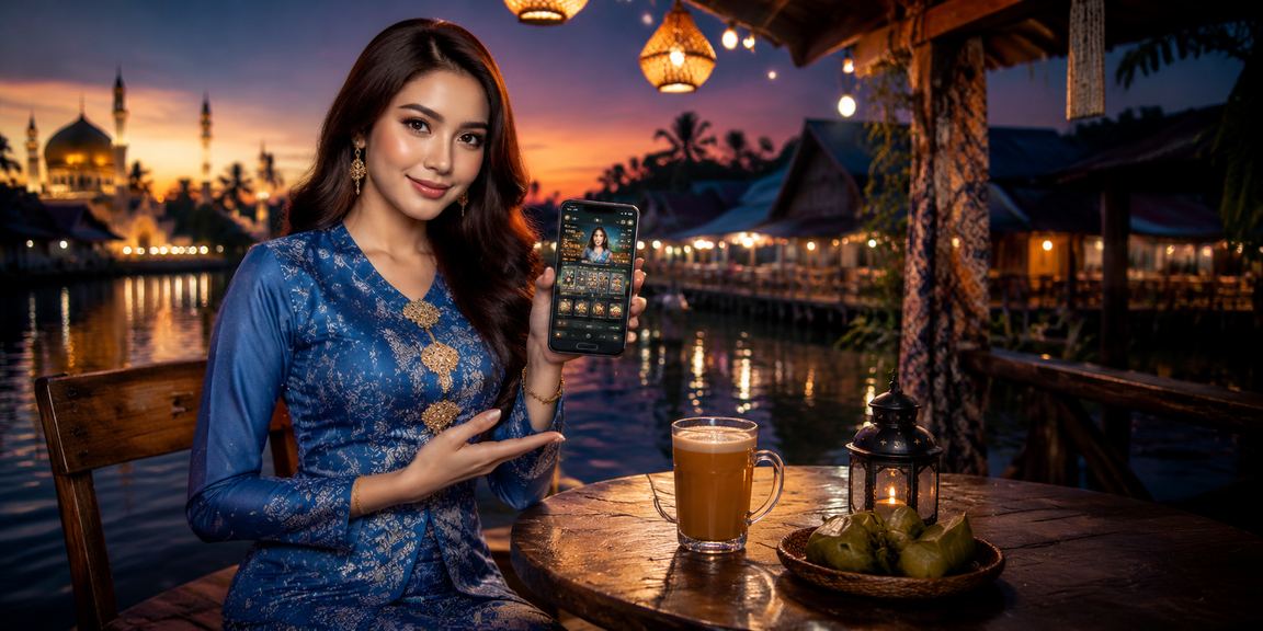 Pemain wanita bermain kasino mudah alih dalam pakaian tradisional Malaysia